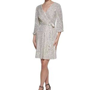 DKNY VNeck Faux Wrap Light Gold Sequin 3/4 Sleeve Belted Dress Size 8